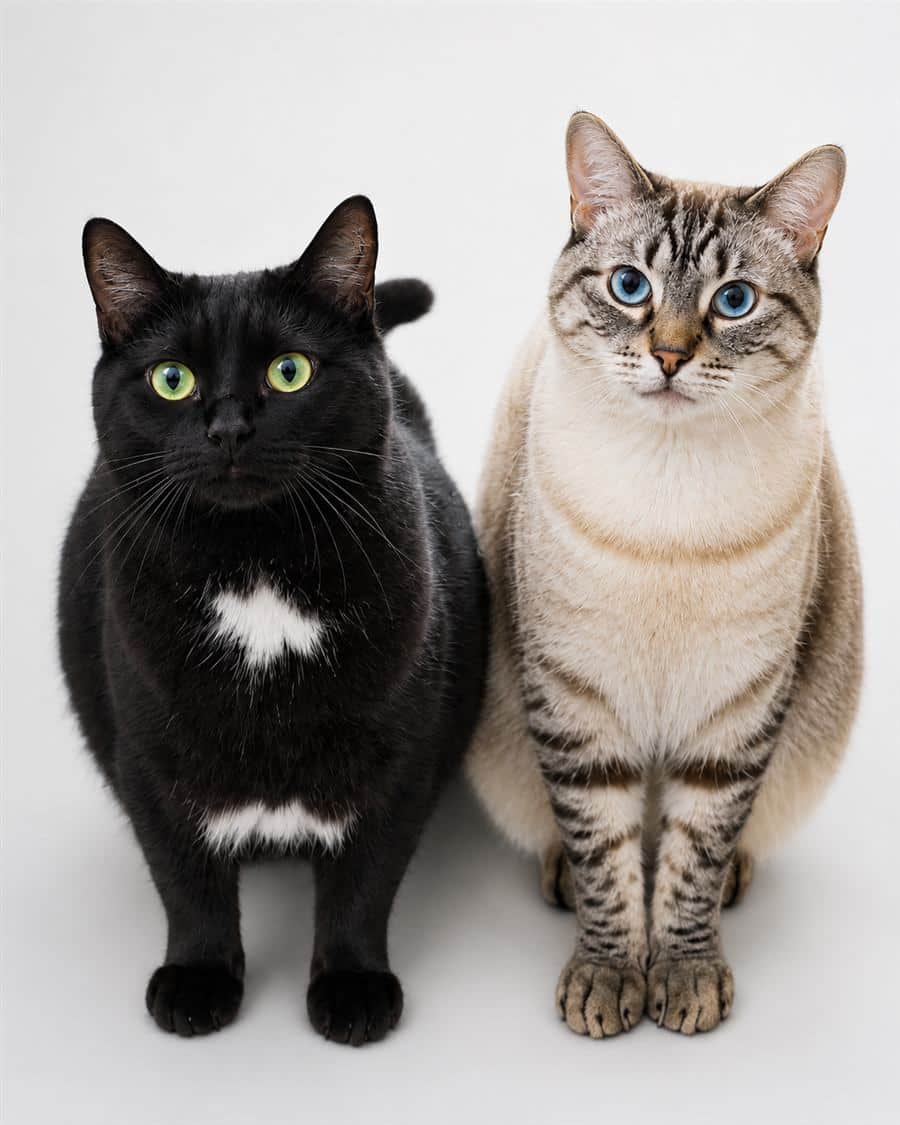 Krokmou, chat noir, et Cookie, chat tigré, assis côte à côte