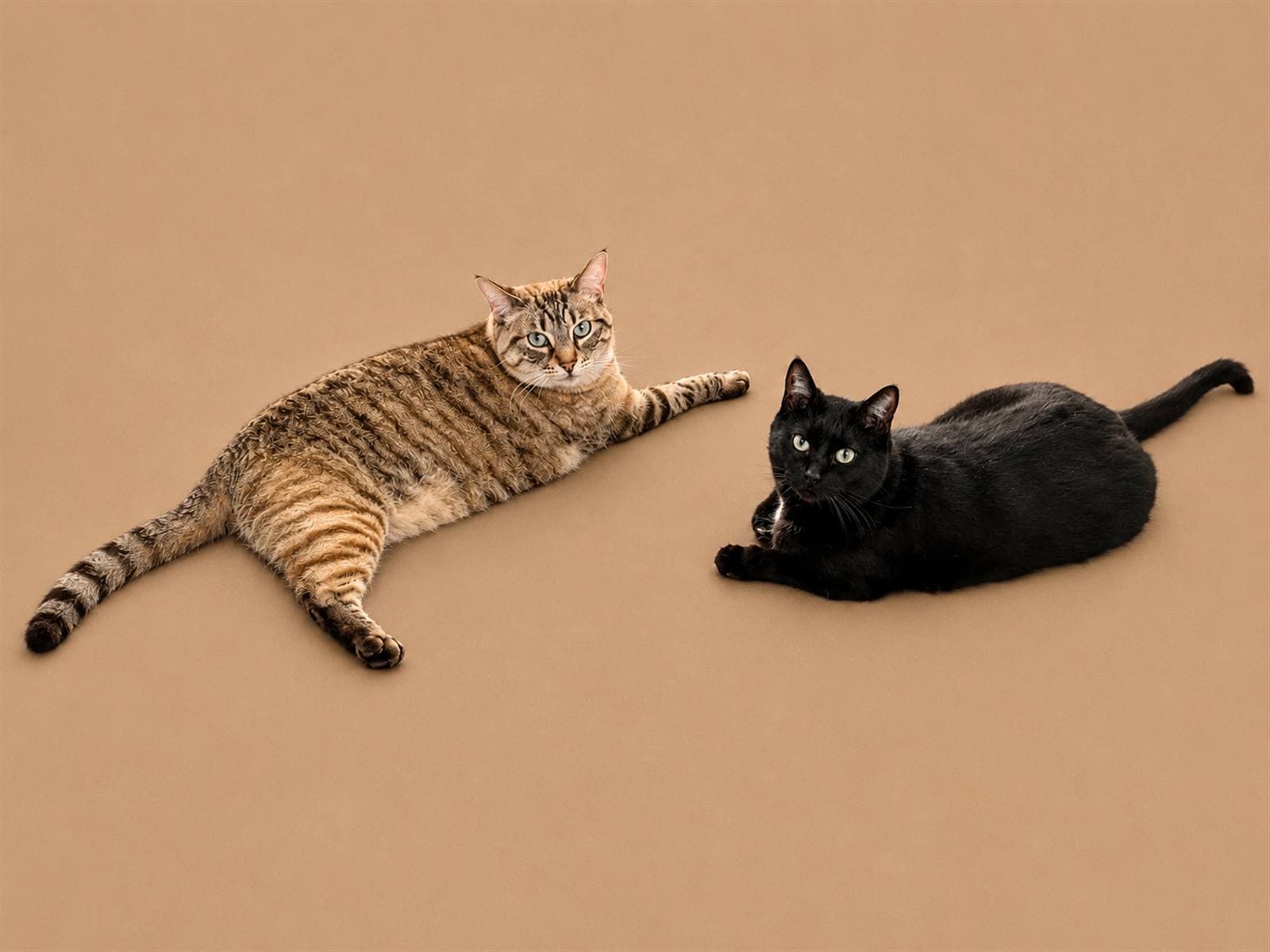 Deux chats allongés côte à côte, un tigré et un noir